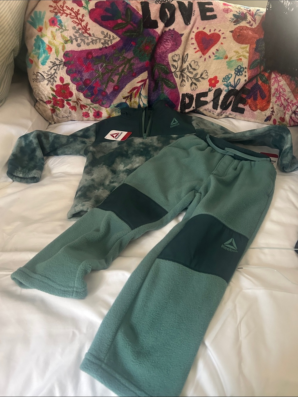 Reebok Kids' Sage Green Fleece Jogger Set with Dark Green Knee Panels